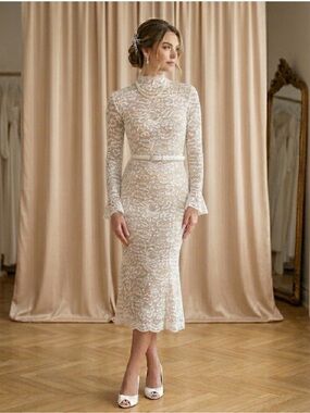 NADINE MERABI Cream Lace High-Neck Long-Sleeve Midi Dress